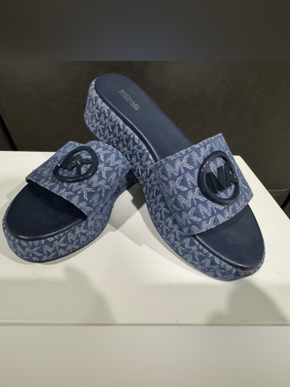 Michael Kors-Women’s Blue Sadler Logo Jacquard Wedge Slide Sandals~9.5